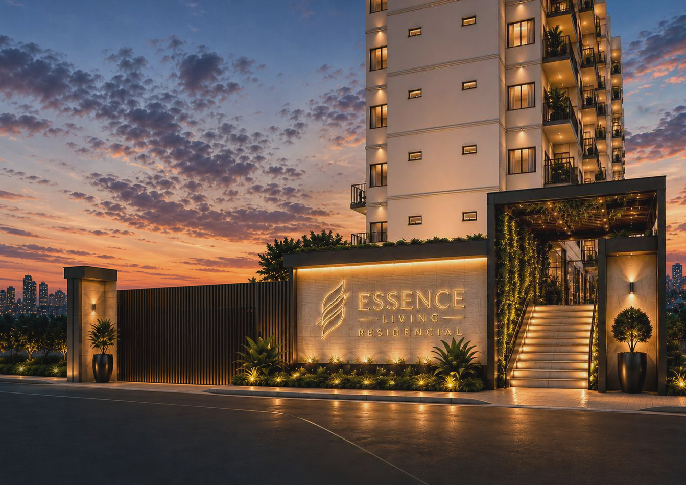 Fachada noturna do Essence Living Residencial